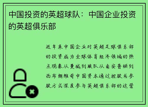 中国投资的英超球队：中国企业投资的英超俱乐部