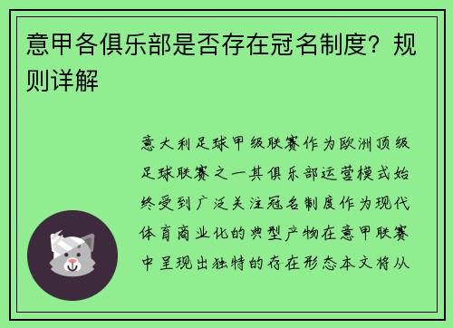 意甲各俱乐部是否存在冠名制度？规则详解