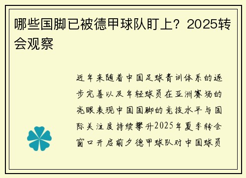 哪些国脚已被德甲球队盯上？2025转会观察