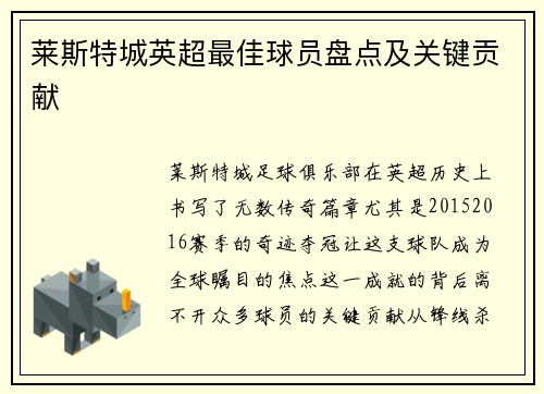 莱斯特城英超最佳球员盘点及关键贡献